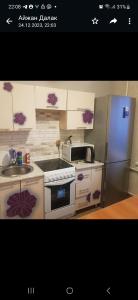 卡拉甘达Однокомнатная квартира в Караганде的厨房配有炉灶和冰箱。