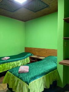伊瓜苏港Residencial Arcoiris的绿墙客房内的两张床