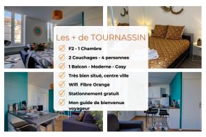 布雷斯地区布尔格Le Tournassin-Balcon-Stationnement gratuit的一张床位和一张桌子的房间的照片拼在一起
