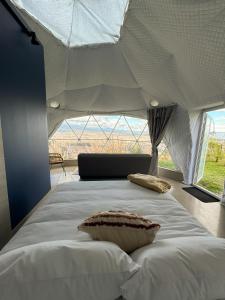 昆卡NaturHotel的卧室设有一张大白色的床和大窗户