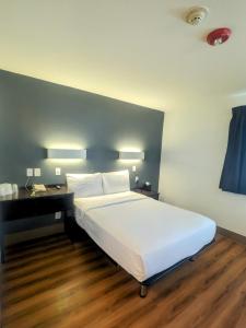 爱达荷福尔斯Econo Lodge的卧室配有一张白色大床和一张书桌