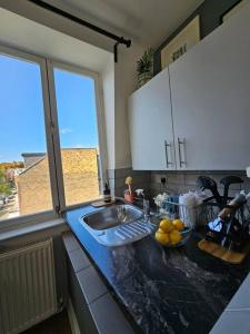 伦敦Cosy and quiet one bedroom Thames flat的带水槽的厨房台面和窗户
