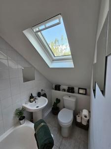 伦敦Cosy and quiet one bedroom Thames flat的浴室配有卫生间、水槽和天窗。