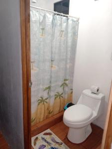 San RafaelParaíso Rio Celeste的一间带卫生间和淋浴帘的浴室