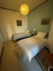 卡帕里卡海岸Daloba House的一间卧室配有两张床和吊灯。