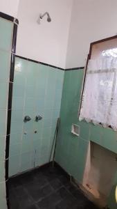 San IgnacioHostel Amarillo的浴室设有绿色瓷砖和淋浴。