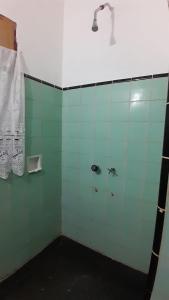 San IgnacioHostel Amarillo的带淋浴的浴室和绿色瓷砖墙壁