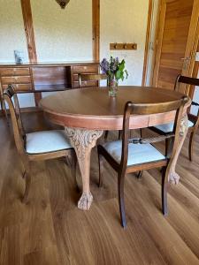 圣卡洛斯-德巴里洛切花束公寓式酒店的一张带椅子的木桌和花瓶