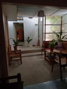 莫阿尔博阿Laguno Bed And Breakfast Hostel的客厅配有盆栽植物和桌椅