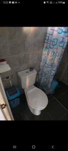 塔比拉兰QuiapoSuites Bohol的一间带卫生间和淋浴帘的浴室