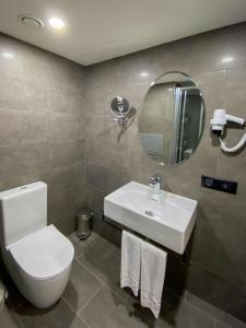 伊斯坦布尔Eresin Hotels Express的一间带卫生间、水槽和镜子的浴室