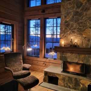 伊德勒Idre Mountain Lodge的客厅设有石制壁炉和椅子