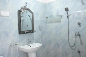 达瓦拉维Royal Inside Hotel的浴室配有盥洗盆和带镜子的淋浴