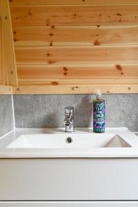 汤布里奇Little Quarry Glamping Bed and Breakfast的浴室设有白色水槽和木制天花板