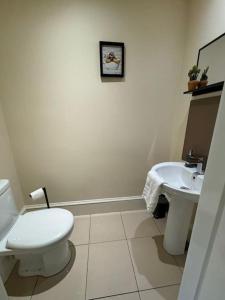 MytholmroydLovely home with a river view的白色的浴室设有卫生间和水槽。