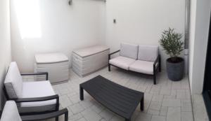 埃圭斯海姆Gite Le Petit Malsbach Eguisheim的一间客厅,配有白色家具和盆栽植物