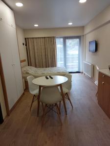 巴库里阿尼Bakuriani Inn Apartment #13的配有桌椅和床的房间