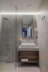 普里什蒂纳Hotel Square by MARGO的浴室配有盥洗盆和带镜子的淋浴