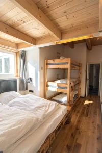 费马恩Hostel oder Ferienwohnung 1-16 Personen im BLAUEN HAUS的一间卧室设有两张双层床和木制天花板。