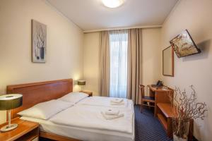 布尔诺欧罗巴酒店的配有一张床和一张书桌的酒店客房