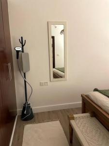 迪拜Lakeside Bliss Home的卧室配有一盏灯和一面墙上的镜子