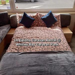 惠特利湾Lo Geisha Caravan Rental at Whitley Bay Caravan Park的一张带枕头的睡床,沙发上配有la gstaña大篷车