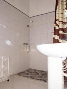 AssomadaCasa Tota的带淋浴和盥洗盆的白色浴室