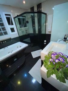 圣罗克Casa em São Roque Roteiro do Vinho的浴室配有水槽和浴缸内的植物
