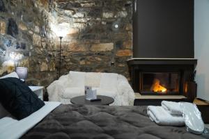 帕雷斯阿吉萨那kaimak luxury chalet的一间卧室配有一张床和一个壁炉