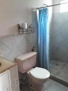 La Casa de Eyi的浴室设有卫生间和蓝色的浴帘。