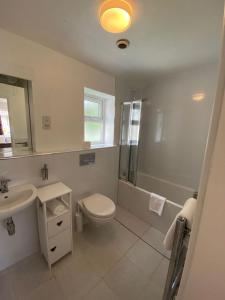 贝塞斯达Snowdonia Mountain Lodge的白色的浴室设有卫生间和水槽。