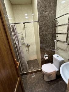 杰尔穆克Jermuk Mini Apartment的带淋浴、卫生间和盥洗盆的浴室