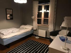 奥勒8 bed house in Vik, Åre的一间小卧室,配有床和窗户