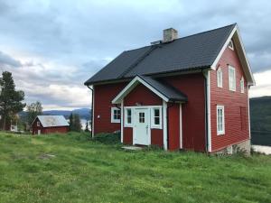 奥勒8 bed house in Vik, Åre的绿色田野上黑色屋顶的红色房子