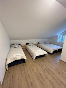 Radikiai House的客房设有两张床,铺有木地板。