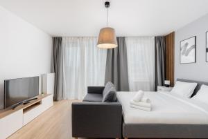 克拉科夫Tauron Modern Studio的一间卧室配有一张床、一张沙发和一台电视。