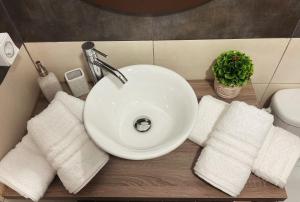 雅典Compass Lofts Athens的浴室水槽配有白色毛巾和植物
