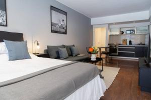 布宜诺斯艾利斯Malvon Beautiful Suite的一间带大床的卧室和一间客厅