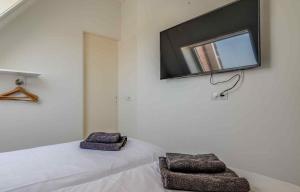 佐特兰德Vakantiewoning Scheldestraat 23 Zoutelande, dicht bij Domburg的一间卧室设有两张床,墙上设有一台平面电视。