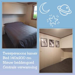 SchoonlooChalet Drenthe huren! Hart van bosrijk Drenthe! -Rust, ruimte en ontspanning is genieten! Welkom! -Peace, space and relaxation is enjoyment! Welcome! -Ruhe, Raum und entspannung sind genuss! Willkommen!的卧室两张照片,配有一张床和一个窗户