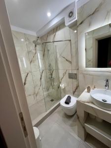 卡尔派尼西翁Mountain Retreat I - Karpenisi的带淋浴、卫生间和盥洗盆的浴室