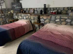 蒙特雷El Nido del Aguila的一间卧室设有两张床和石墙