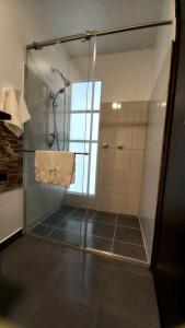 AnsermaHotel Anzea的浴室里设有玻璃门淋浴