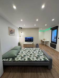 圣路易Bali suites - Basel / Dreilander的一间卧室,卧室内配有一张大床