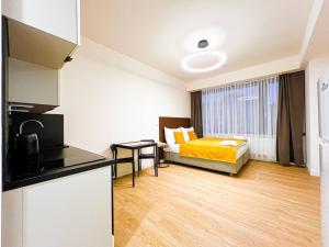 布拉格Post 120 Suites的酒店客房带一张床和一个厨房