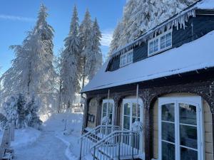 库罗阿尔滕堡Lausitzstube的一座被雪覆盖的房屋,有树木