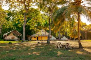 埃尔扎伊诺Cabañas Tequendama Playa Arrecifes Parque Tayrona的一个带帐篷、长凳和棕榈树的公园
