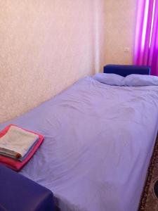 巴库NIZAMI Street flat的卧室内的一张床铺,配有蓝色的床罩和毛巾