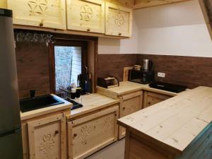 FalsztynDacza Zakątek的一个带木制橱柜和水槽的厨房