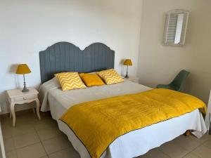 卡尔热斯盖思徒尼亚公寓的一间卧室配有一张带黄色毯子的大床